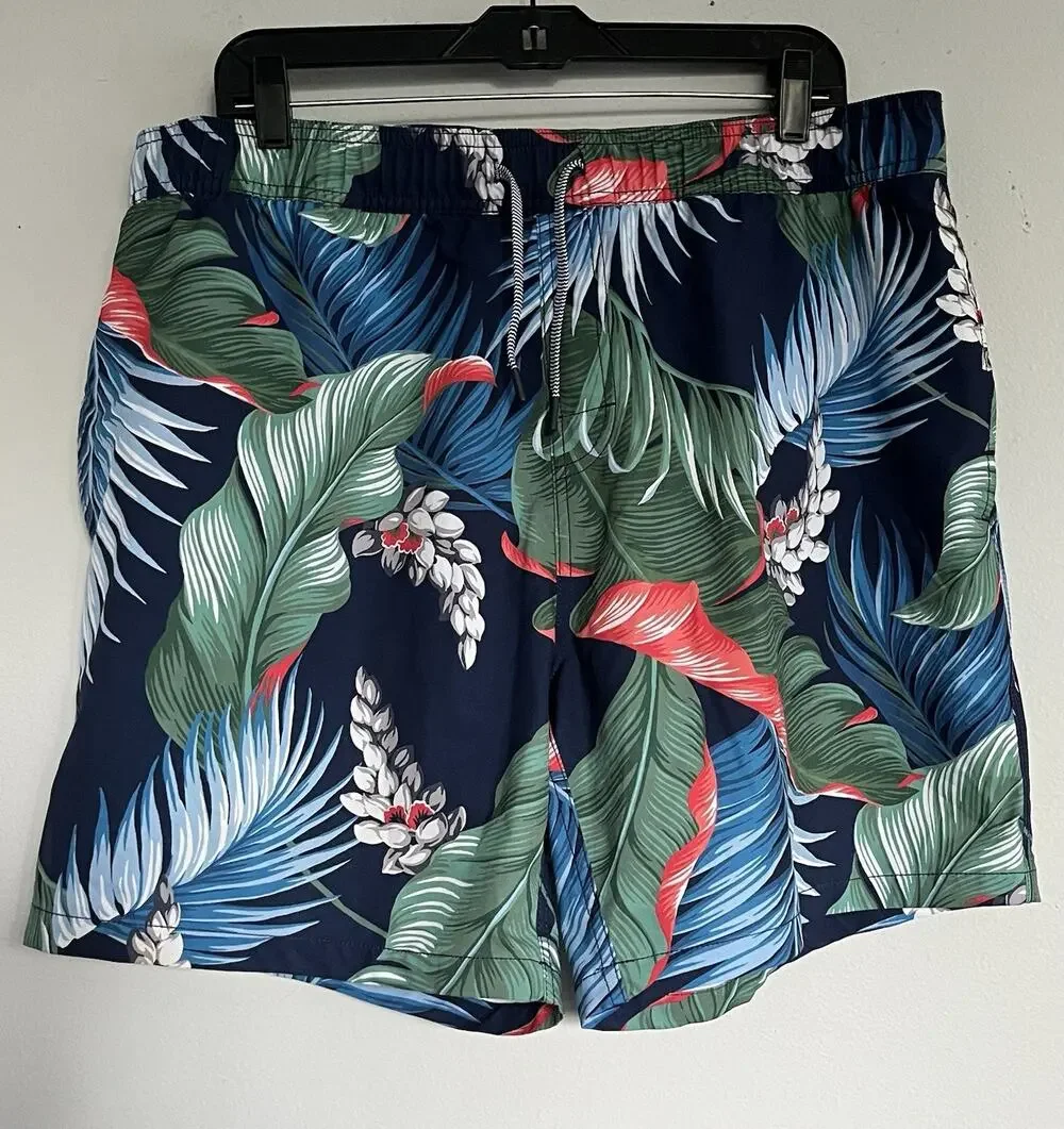 Reyn Spooner Men's Swim Trunks XL Navy Blue Tropical Palm Leaf Beach Shorts 7in